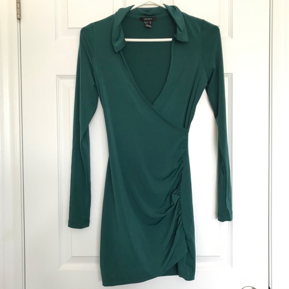FOREVER 21 Collar Up V-Neck Wrap Bodycon Dress XS Royal Green Long Sleeve - Picture 2 of 12